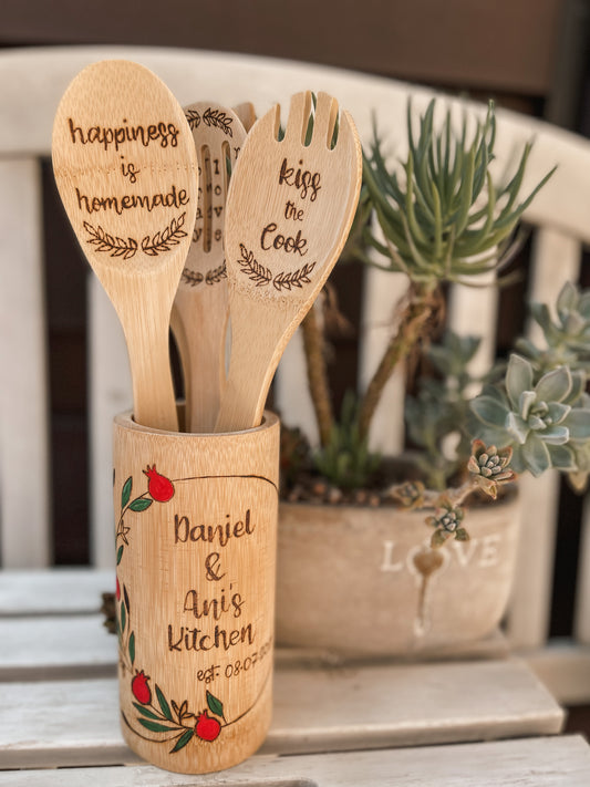Wood Utensil Set with Holder